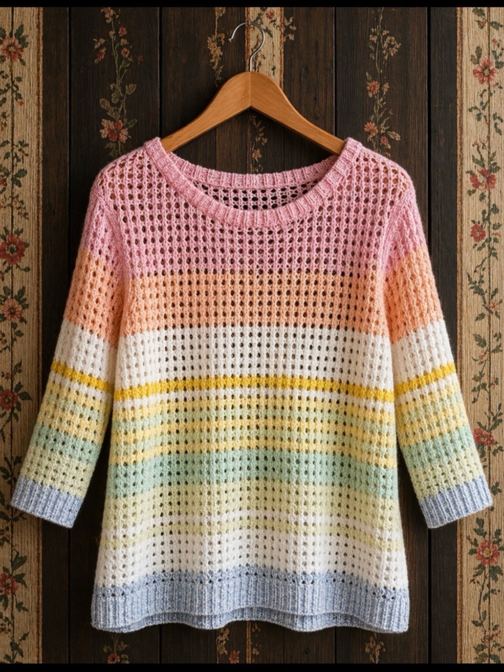 Talbots 100% Cotton Open Knit Pastel Stripe Sweater Boho Rainbow Coastal Medium